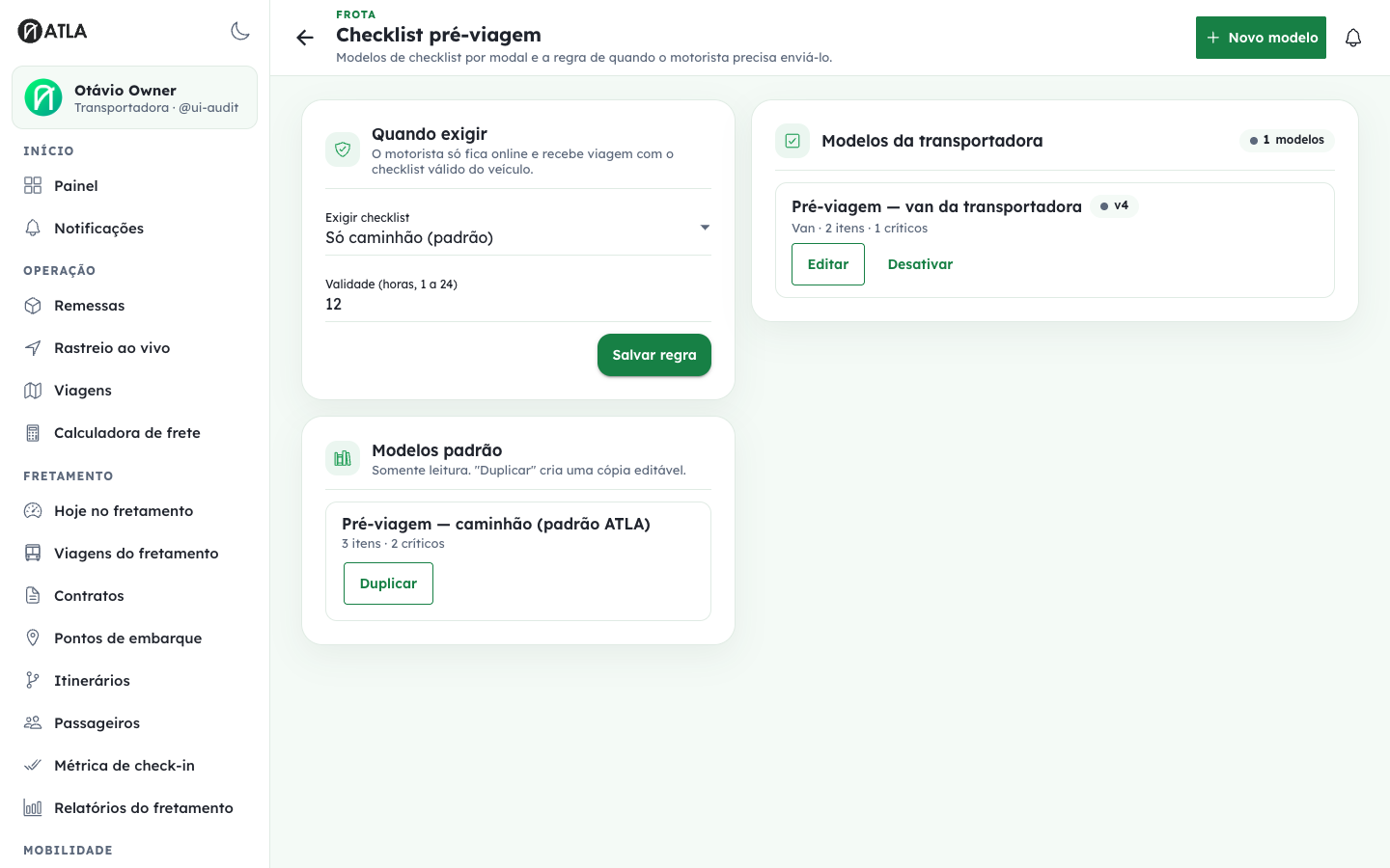 Configuração de checklist pré-viagem com regras e modelos por modal.
