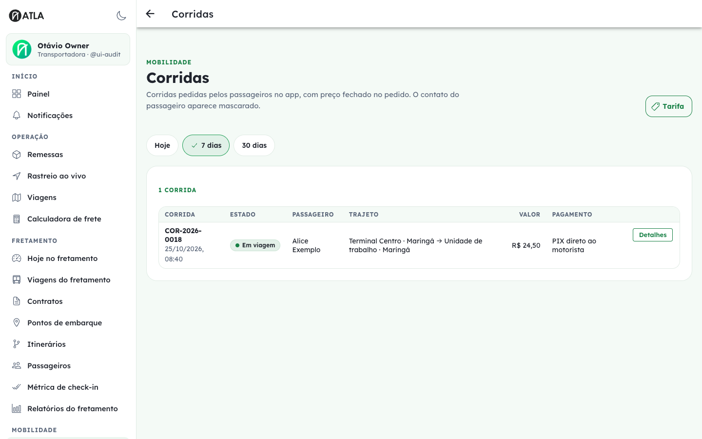 Lista de corridas por app com estados, trajeto, valores e pagamento.