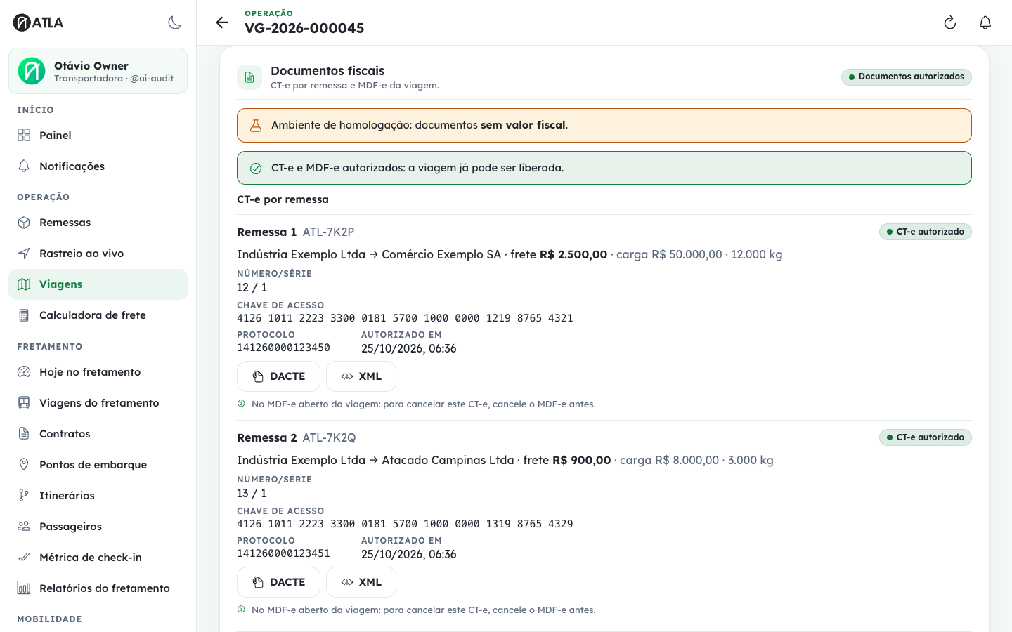 Seção fiscal da ficha da viagem com CT-e por remessa e MDF-e da viagem.