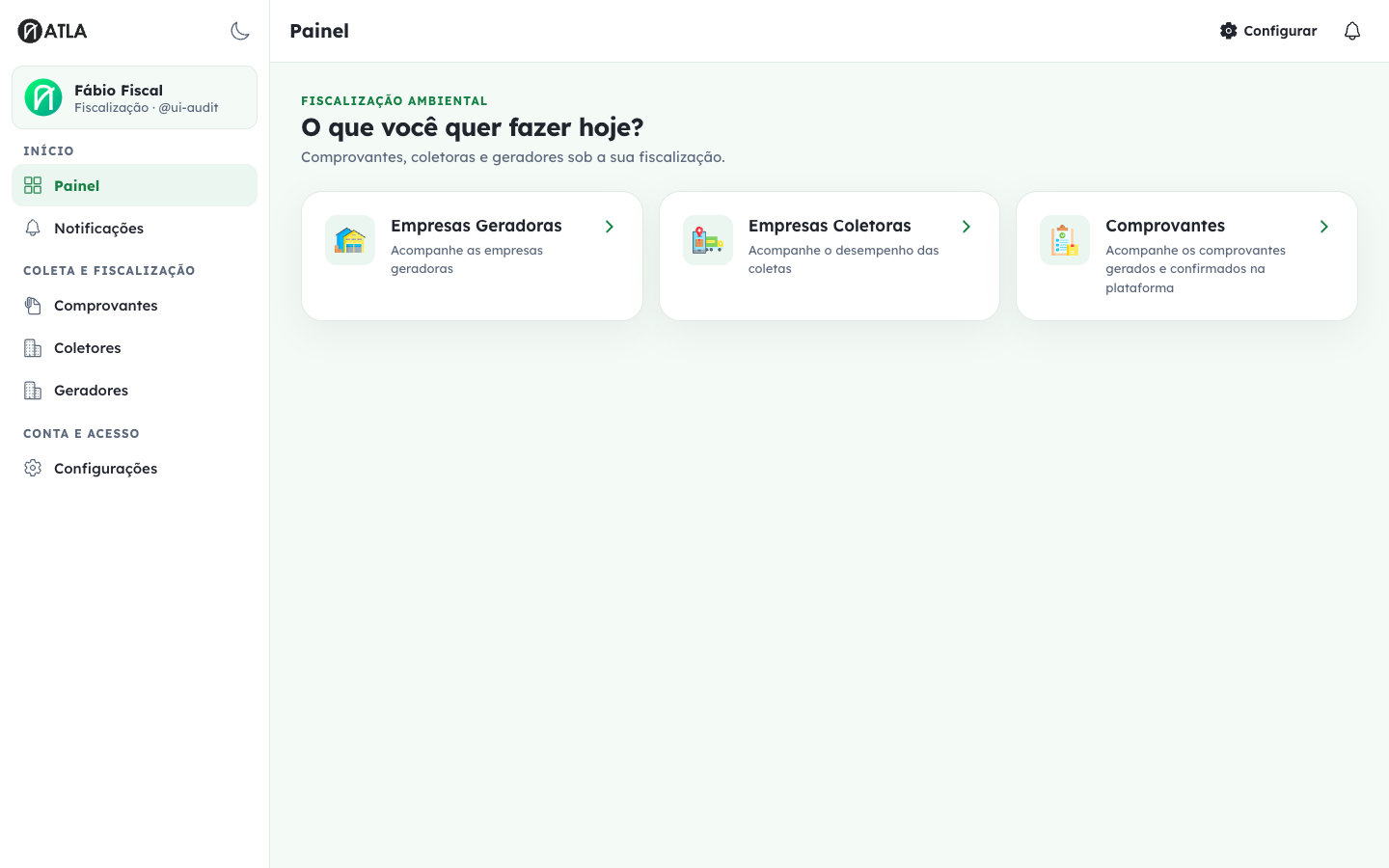 Painel do perfil Fiscalização com atalhos para geradores, coletores e comprovantes.