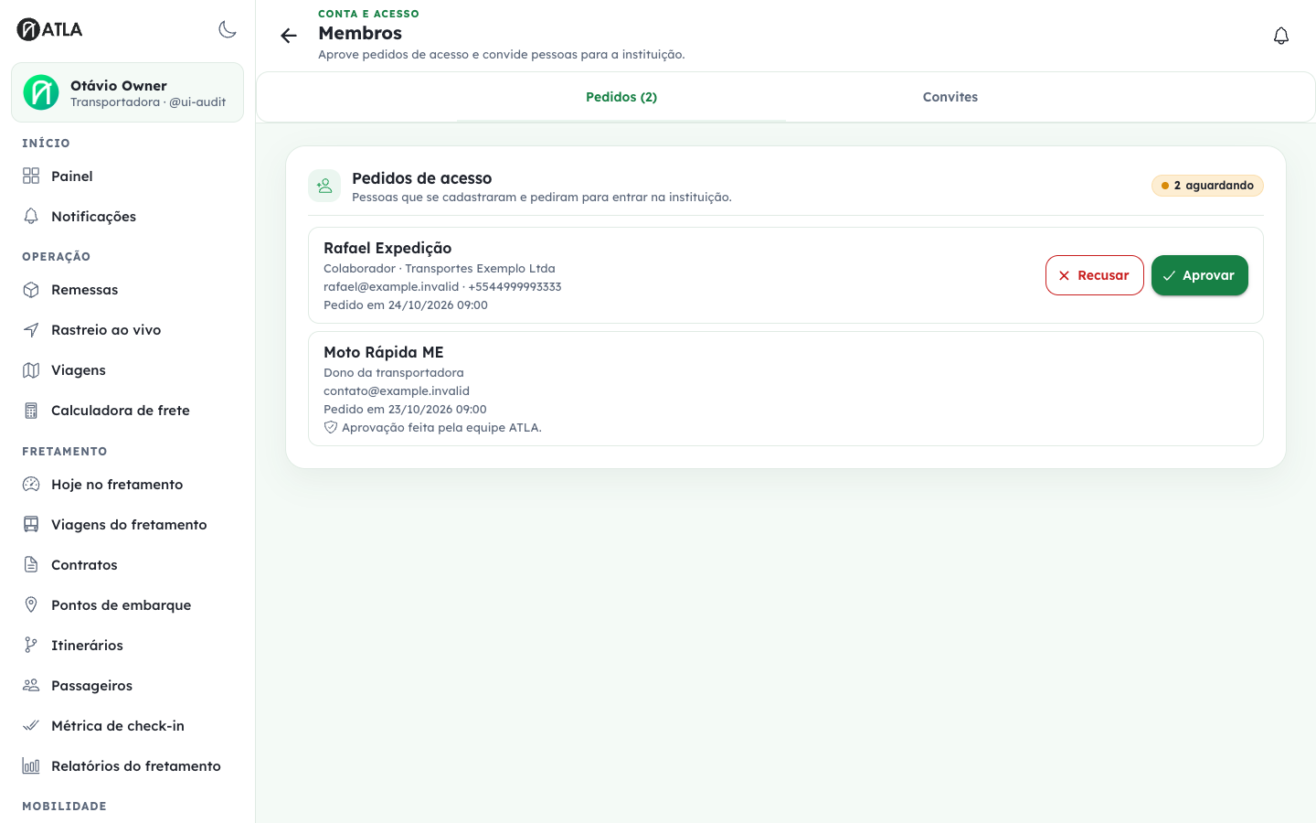 Tela de Membros com as abas de pedidos de acesso e convites.