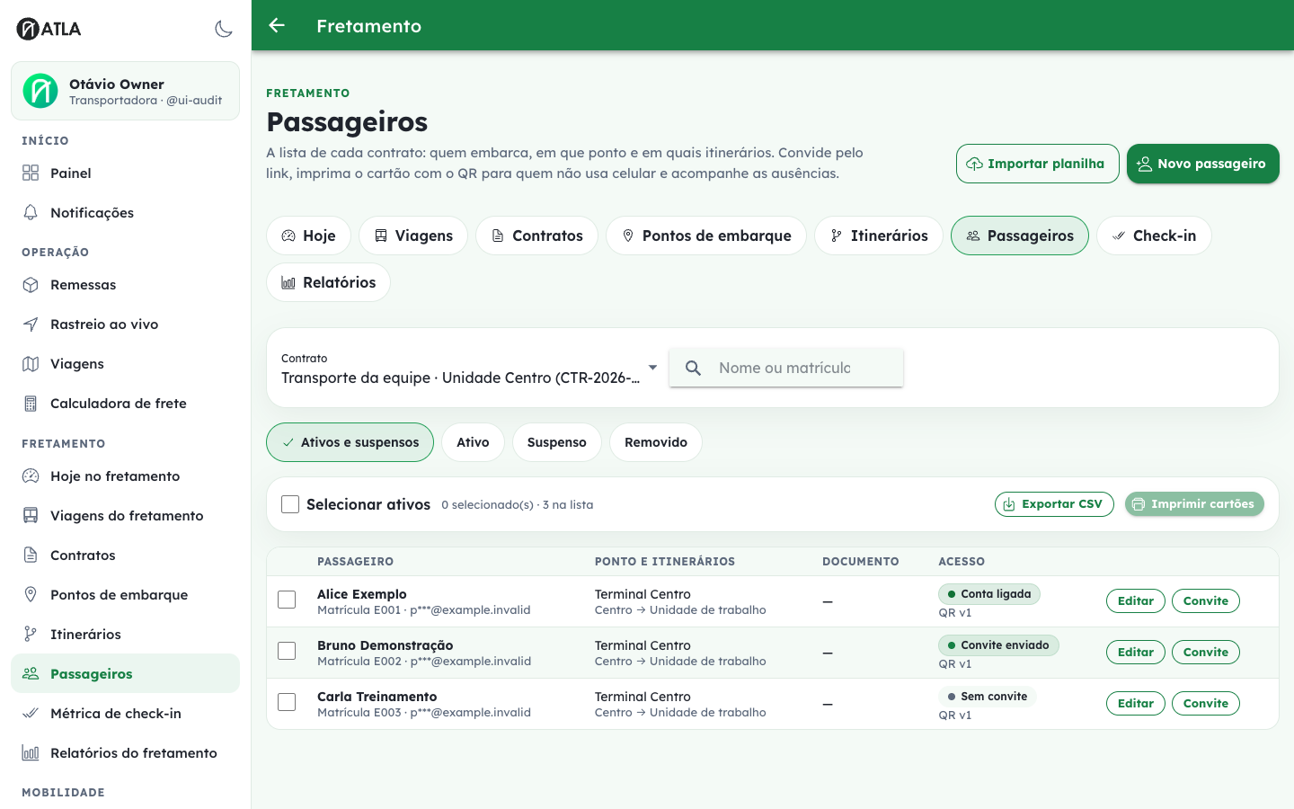 Gestão de passageiros do contrato com seleção, convite e impressão de cartões.