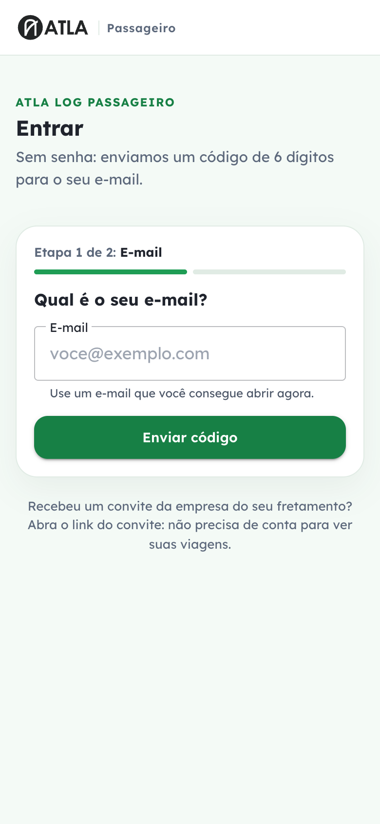 Tela do passageiro para informar o e-mail e solicitar o código de acesso.