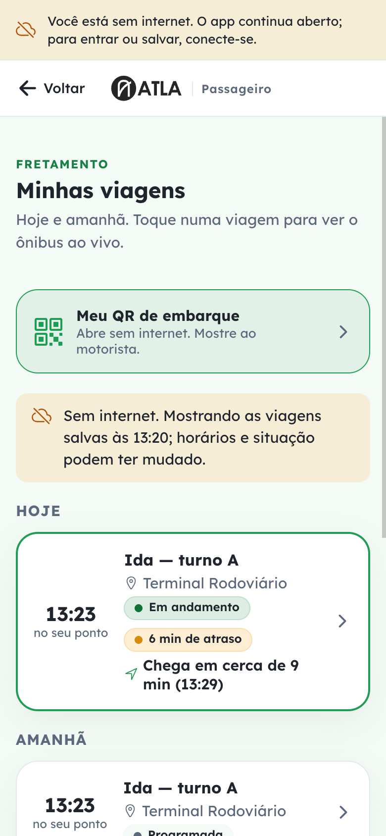 Minhas viagens abertas sem internet com o aviso dos dados salvos.