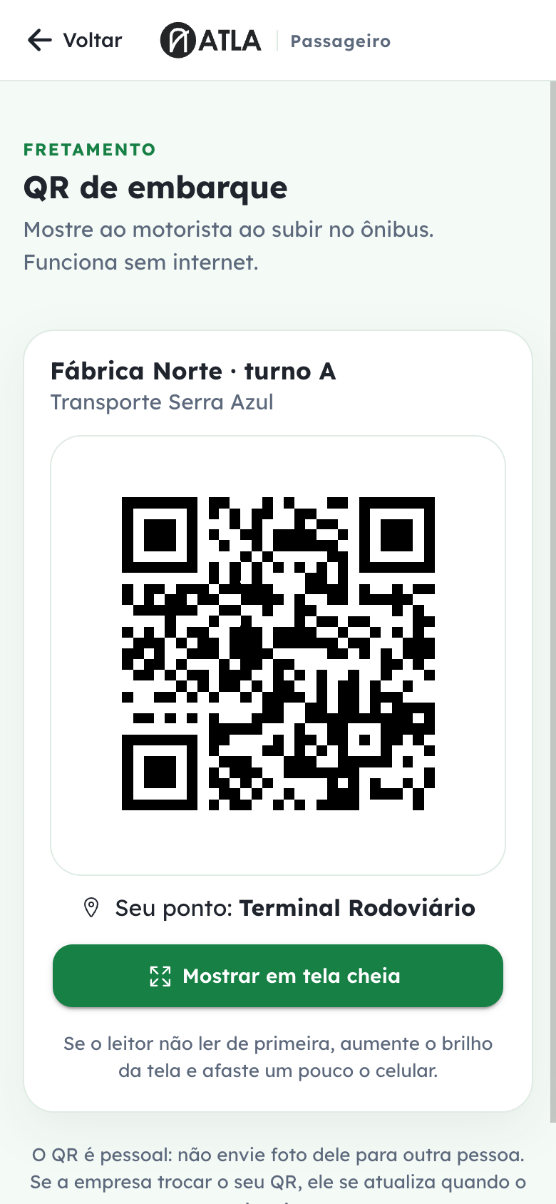 QR de embarque no app do passageiro.