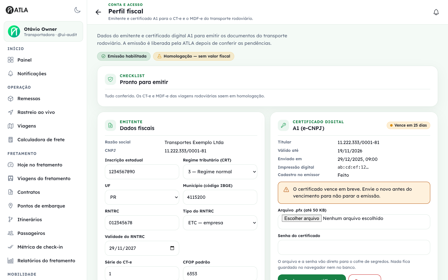 Perfil fiscal com checklist do emitente, dados cadastrais e configuração de certificado.