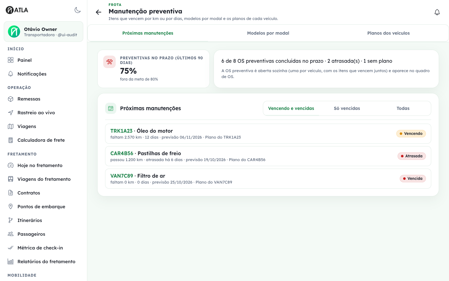 Planejamento de manutenção preventiva com planos e modelos da frota.