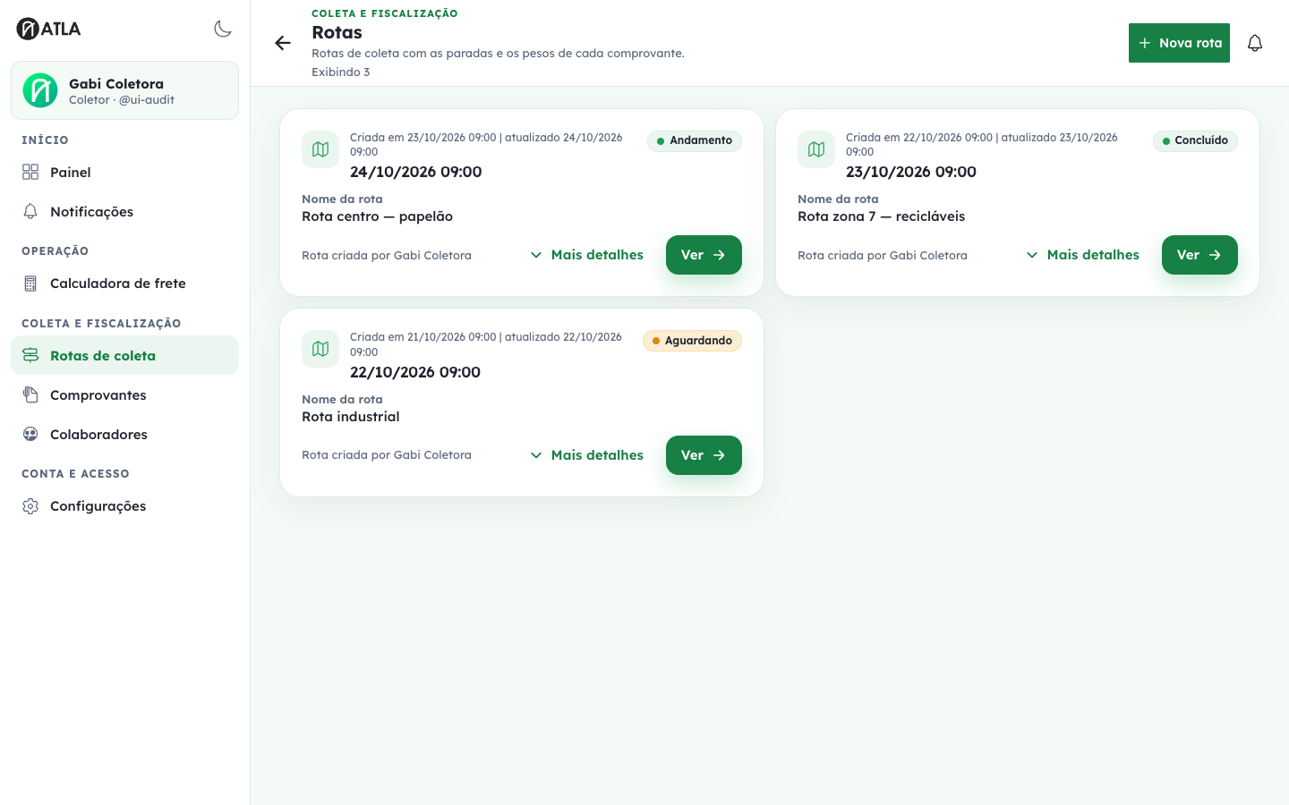 Lista de rotas de coleta do perfil Coletor com acesso à criação de rota.
